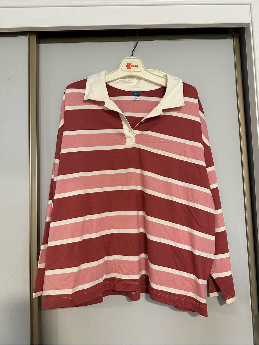 Old Navy Long Sleeve Rugby Shirt in Maroon, Pink & White